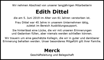 Traueranzeige von Edith Dittel von vrm-trauer