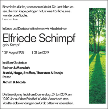 Traueranzeige von Elfriede Schimpf von vrm-trauer