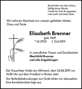 Traueranzeige von Elisabeth Brenner von vrm-trauer
