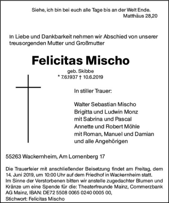 Traueranzeige von Felicitas Mischo von vrm-trauer