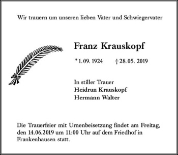 Traueranzeige von Franz Krauskopf von vrm-trauer