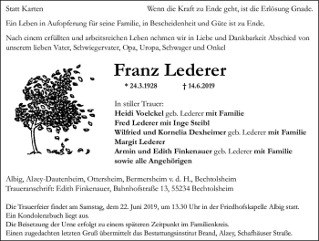 Traueranzeige von Franz Lederer von vrm-trauer