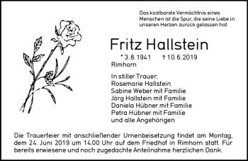Traueranzeige von Fritz Hallstein von vrm-trauer
