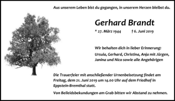 Traueranzeige von Gerhard Brandt von vrm-trauer