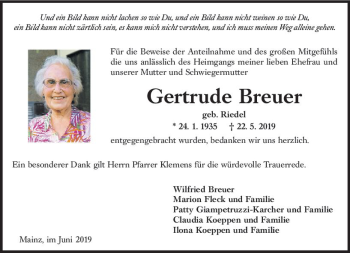 Traueranzeige von Gertrude Breuer von vrm-trauer