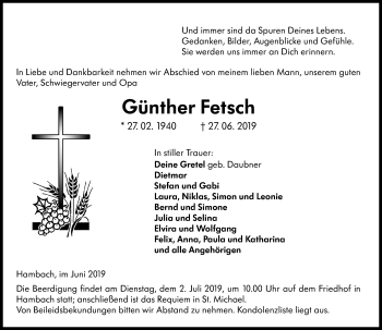 Traueranzeige von Günther Fetsch von vrm-trauer