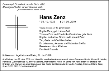 Traueranzeige von Hans Zenz von vrm-trauer