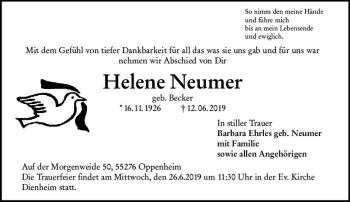 Traueranzeige von Helene Neumer von vrm-trauer