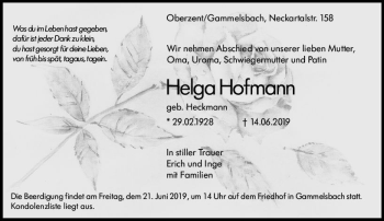 Traueranzeige von Helga Hofmann von vrm-trauer