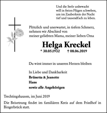 Traueranzeige von Helga Kreckel von vrm-trauer
