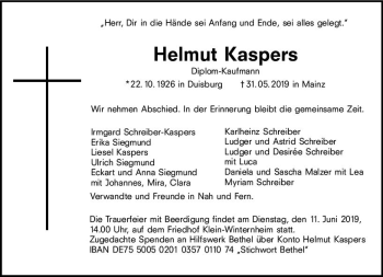 Traueranzeige von Helmut Kaspers von vrm-trauer