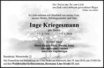 Traueranzeige von Inge Kriegesmann von vrm-trauer