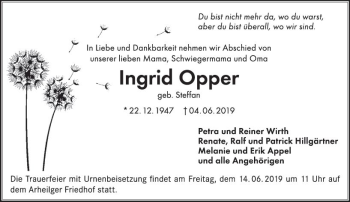 Traueranzeige von Ingrid Opper von vrm-trauer