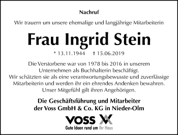 Traueranzeige von Ingrid Stein von vrm-trauer