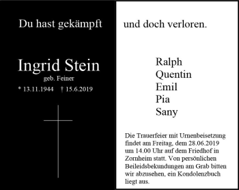 Traueranzeige von Ingrid Stein von vrm-trauer