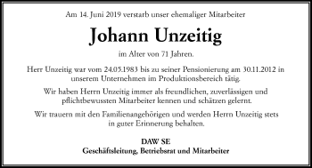 Traueranzeige von Johann Unzeitig von vrm-trauer