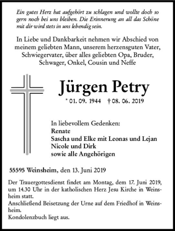 Traueranzeige von Jürgen Petry von vrm-trauer