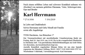 Traueranzeige von Karl Herrmann von vrm-trauer