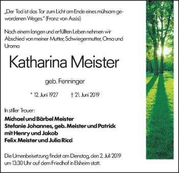 Traueranzeige von Katharina Meister von vrm-trauer