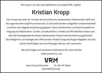 Traueranzeige von Kristian Kropp von vrm-trauer