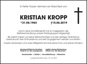 Traueranzeige von Kristian Kropp von vrm-trauer