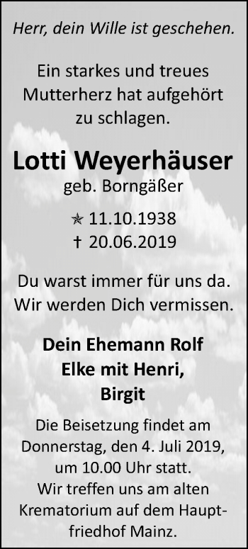 Traueranzeige von Lotti Weyerhäuser von vrm-trauer