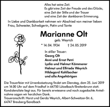 Traueranzeige von Marianne Olt von vrm-trauer