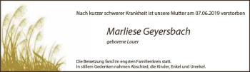 Traueranzeige von Marliese Geyersbach von vrm-trauer