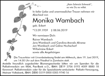 Traueranzeige von Monika Warnbach von vrm-trauer