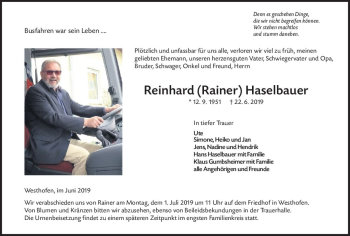 Traueranzeige von Reinhard Haselbauer von vrm-trauer