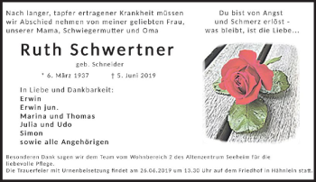 Traueranzeige von Ruth Schwertner von vrm-trauer