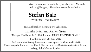 Traueranzeige von Stefan Balz von vrm-trauer