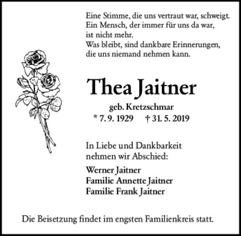 Traueranzeige von Thea Jaitner von vrm-trauer