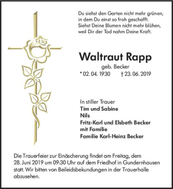Traueranzeige von Waltraut Rapp von vrm-trauer