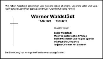 Traueranzeige von Werner Waldstädt von vrm-trauer