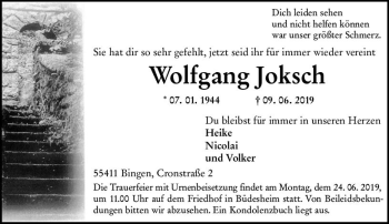 Traueranzeige von Wolfgang Joksch von vrm-trauer