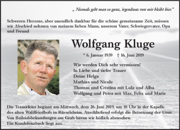 Traueranzeige von Wolfgang Kluge von vrm-trauer