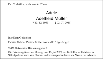 Traueranzeige von Adele Adelheid Müller von vrm-trauer