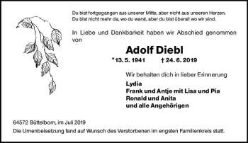 Traueranzeige von Adolf Diebl von vrm-trauer