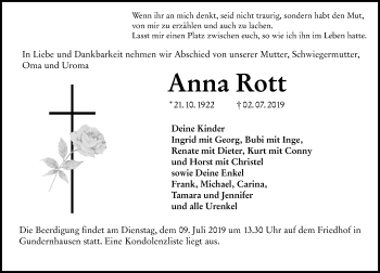 Traueranzeige von Anna Rott von vrm-trauer