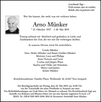 Traueranzeige von Arno Münker von  Usinger Anzeiger