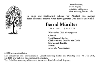 Traueranzeige von Bernd Mürdter von vrm-trauer