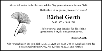 Traueranzeige von Bärbel Gerth von vrm-trauer