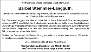 Traueranzeige von Bärbel Stemmler-Langguth von vrm-trauer