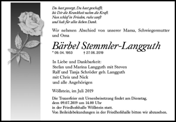 Traueranzeige von Bärbel Stemmler-Langguth von vrm-trauer