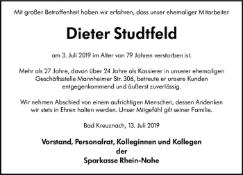 Traueranzeige von Dieter Studtfeld von vrm-trauer