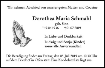 Traueranzeige von Dorothea Maria Schmahl von vrm-trauer