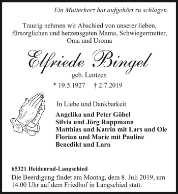 Traueranzeige von Elfriede Bingel von vrm-trauer