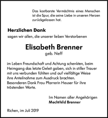 Traueranzeige von Elisabeth Brenner von vrm-trauer
