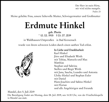 Traueranzeige von Erdmute Hinkel von vrm-trauer